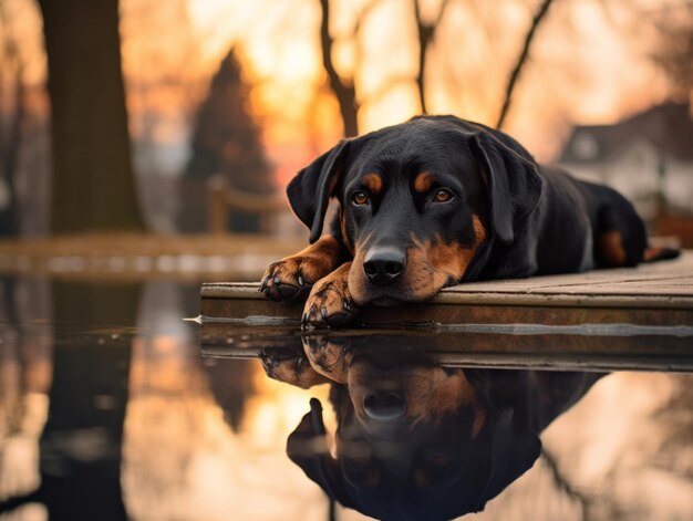 Photo dog and its reflection in a calm pond