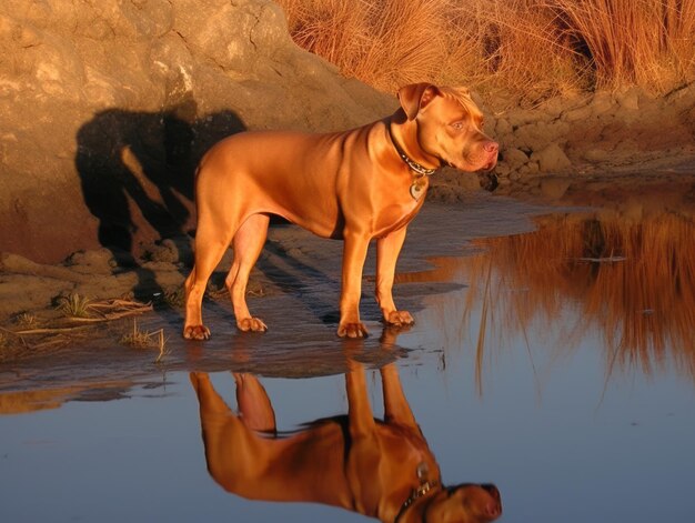 Dog and its reflection in a calm pond