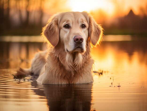 Photo dog and its reflection in a calm pond