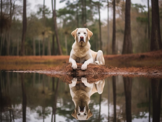 Photo dog and its reflection in a calm pond