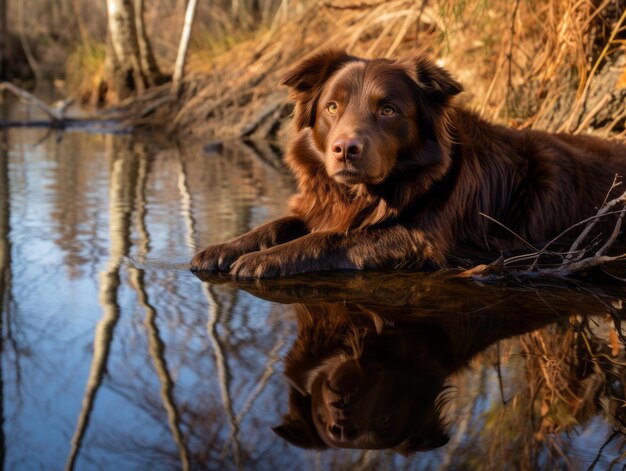 Photo dog and its reflection in a calm pond