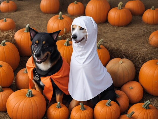 Dog jack russell terrier in a ghost costume with jackolantern pumpkins in the autumn forest