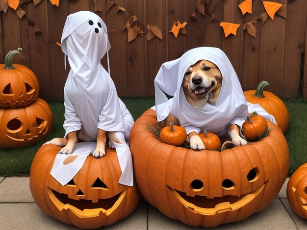 Photo dog jack russell terrier in a ghost costume with jackolantern pumpkins in the autumn forest