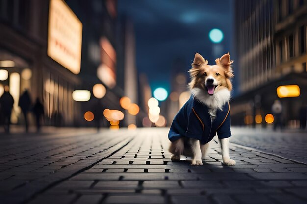 「路上で犬」と書かれたジャケットを着た犬