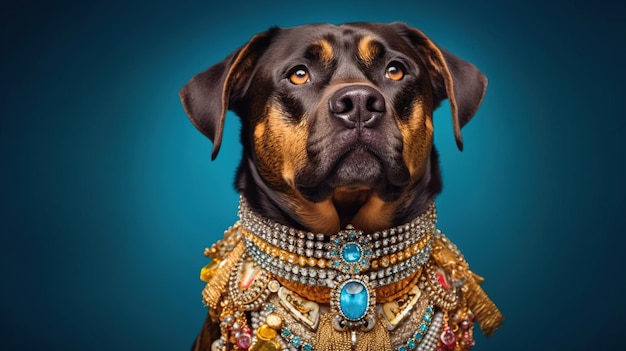 Dog in jewelry on a colored background Generative AI