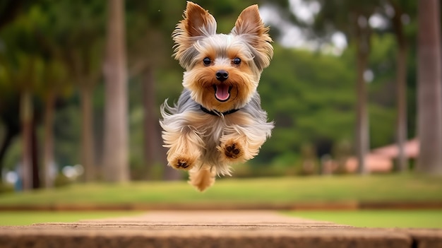 a dog jumping in the air with his tongue out