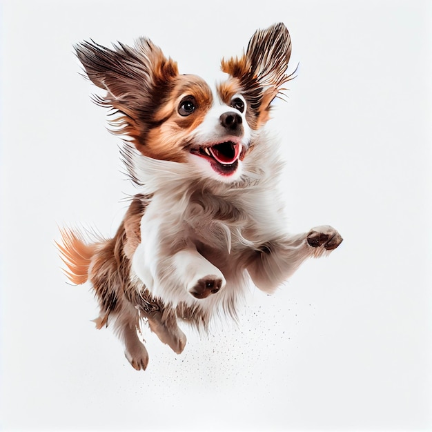 Dog jumping in the air with its mouth open and tongue sticking out on a white background