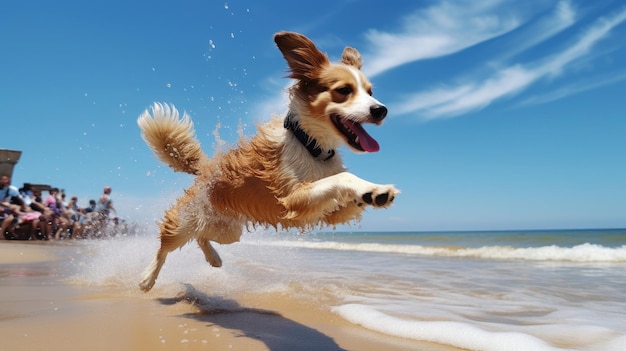 Dog jumping over beach waves on a summer beach generative ai