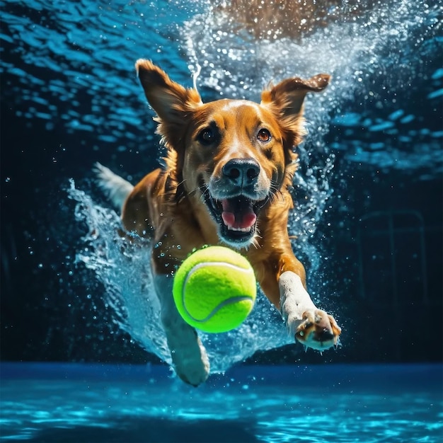 Photo dog jumping into pool for the tennis ball underwater shot generative ai illustration