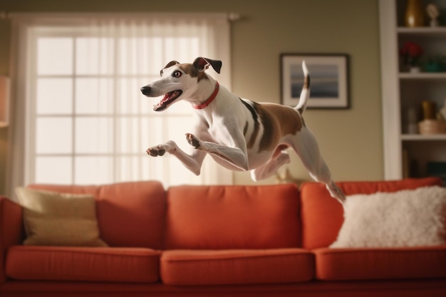 A dog jumping in the living room Generative AI