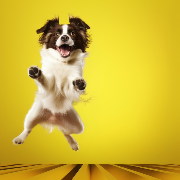 A dog jumping up in the air with his paws in the air