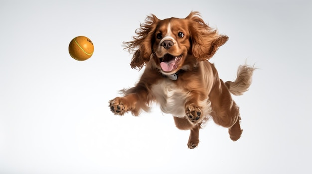 a dog jumping up to catch a tennis ball