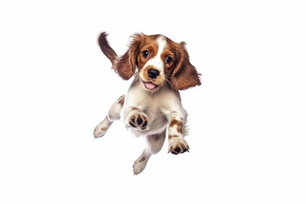 A dog jumping with its paw out of the air