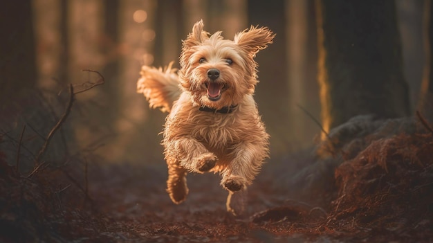 A dog jumps in the air in a forest