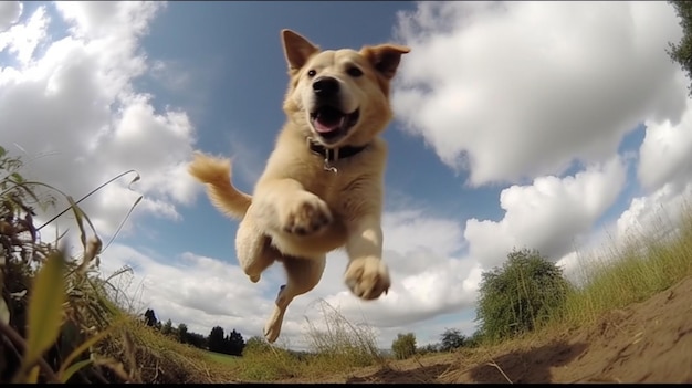 A dog jumps in the air with a blue sky behind him.