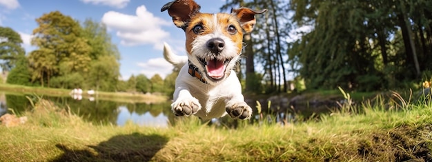 Photo a dog jumps in the grass in front of a pond