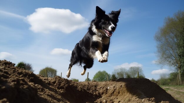 A dog jumps over a mound of dirt.