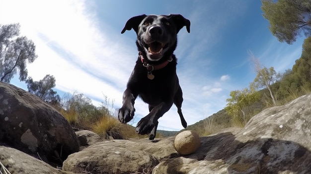A dog jumps over a rock in the river.