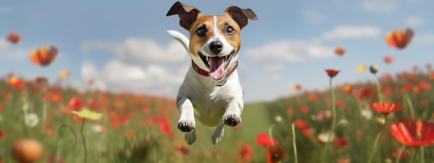 A dog jumps through a field of poppies