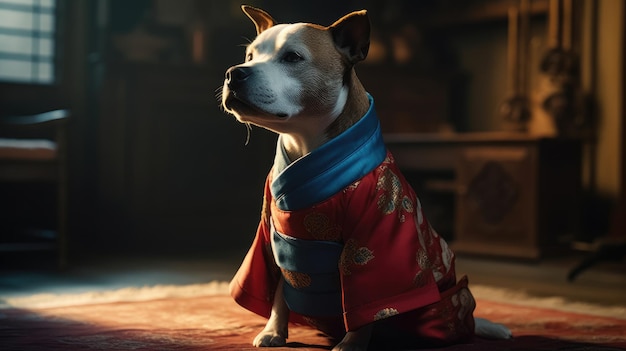 A dog in a kimono sits on a red carpet.