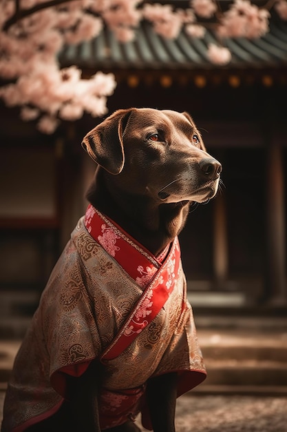 A dog in a kimono stands in front of a cherry blossom tree.