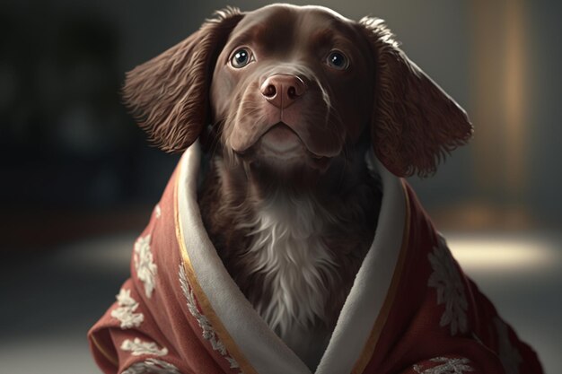 A dog in a kimono wrapped in a robe