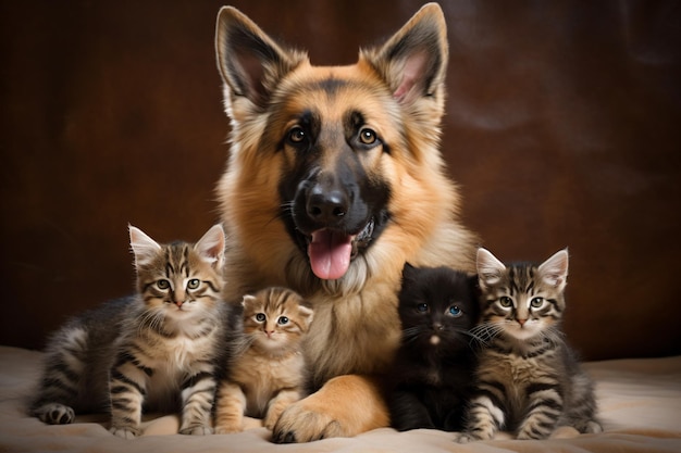 a dog and kittens are laying on a bed