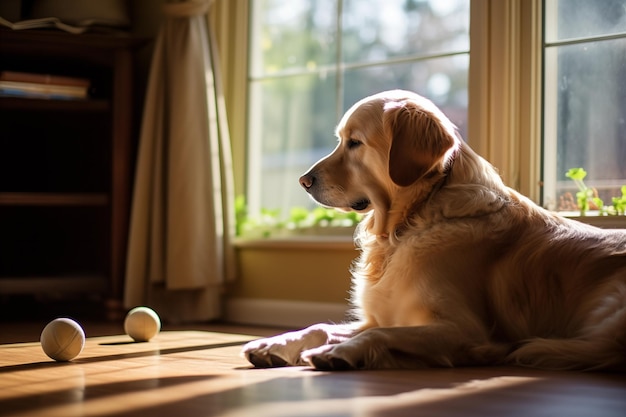 Dog labrador lying against the window Pensive animal observing the garden Generative AI