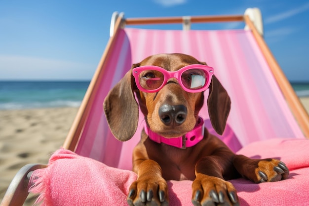 Dog LaidBack Dachshund Unwinding on Vacation on the beach Generative AI