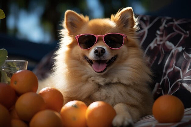 Фото Собака laidback pomerania отдыхает в отпуске на пляже генеративный искусственный интеллект