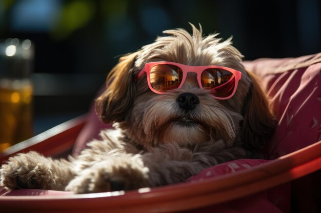 Dog LaidBack Shih Tzu는 해변에서 휴가를 보내고 있습니다.
