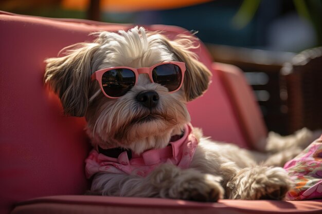 Dog LaidBack Shih Tzu는 해변에서 휴가를 보내고 있습니다.