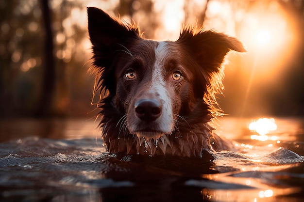 A dog in a lake with the sun behind it