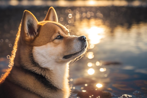 Un cane in un lago con il sole che splende su di esso