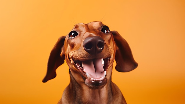 カラフルな背景で笑う犬