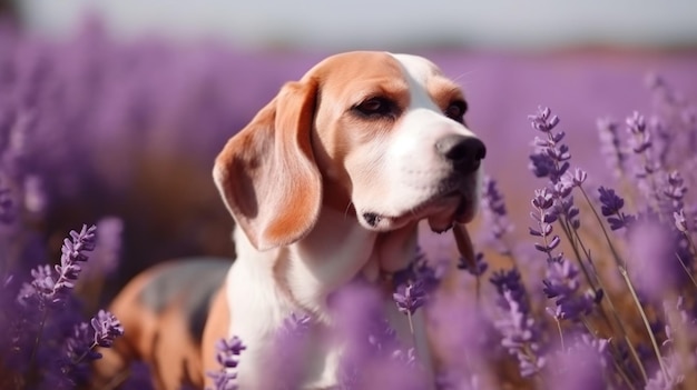 A dog in a lavender field