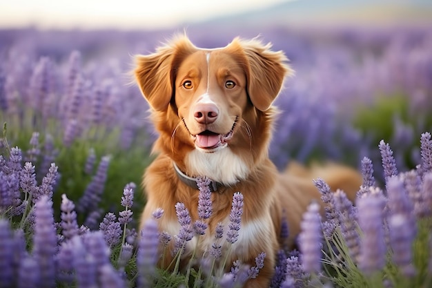 A dog in lavender flowers