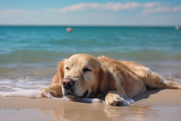 A dog laying on a beach with the sun shining on its face