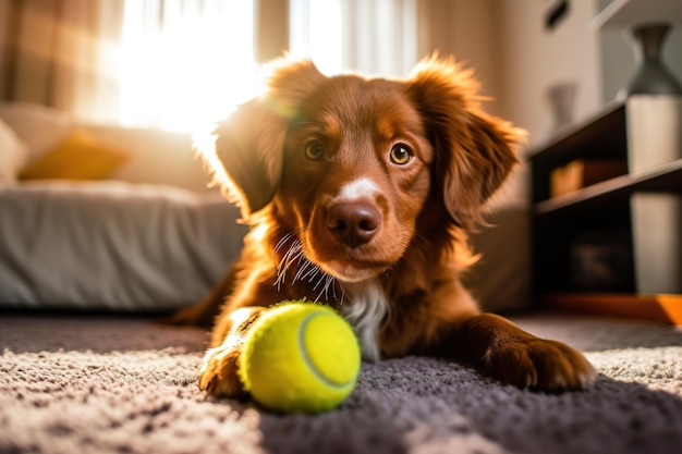 A dog laying on a bed with a tennis ball in its mouth.