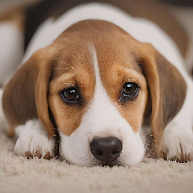 a dog laying on a carpet with a white stripe on its face