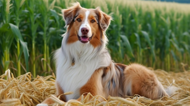 トウモロコシ畑に横たわる犬