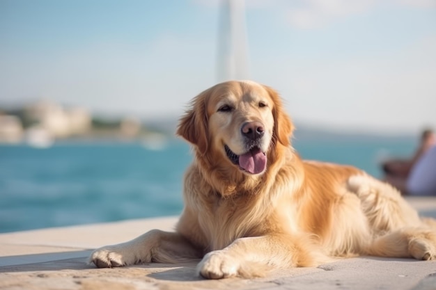 A dog laying on a dock with a sailboat in the background