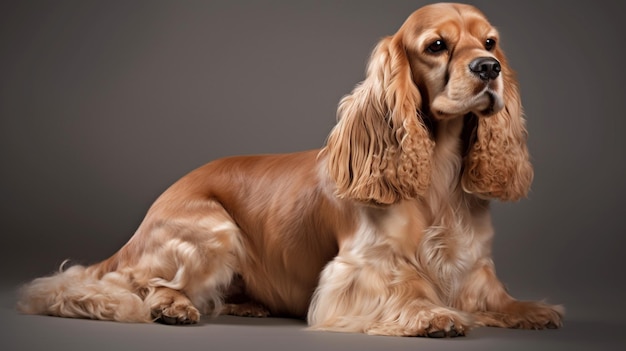 A dog laying down on a grey background