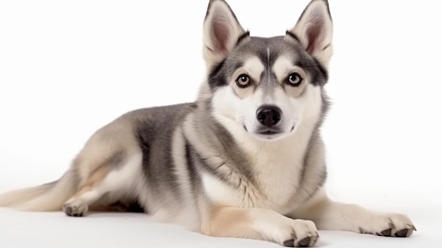 A dog laying down on a white background