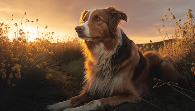 A dog laying in a field with a sunset in the background