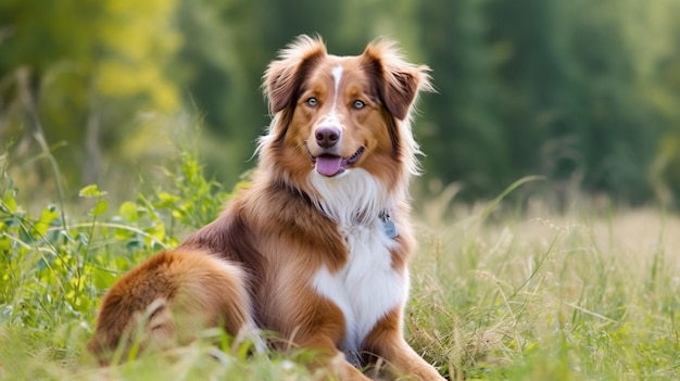 A dog laying in a field