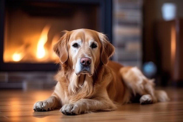 暖炉の前の床に寝そべる犬 AI 生成画像