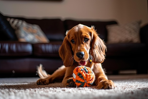 A dog laying on the floor with a ball