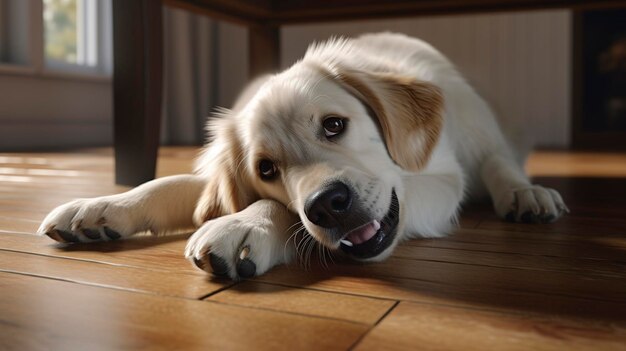 a dog laying on the floor with its paw on a wooden floor