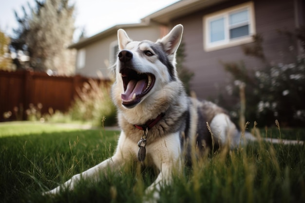 A dog laying in the grass in front of a house